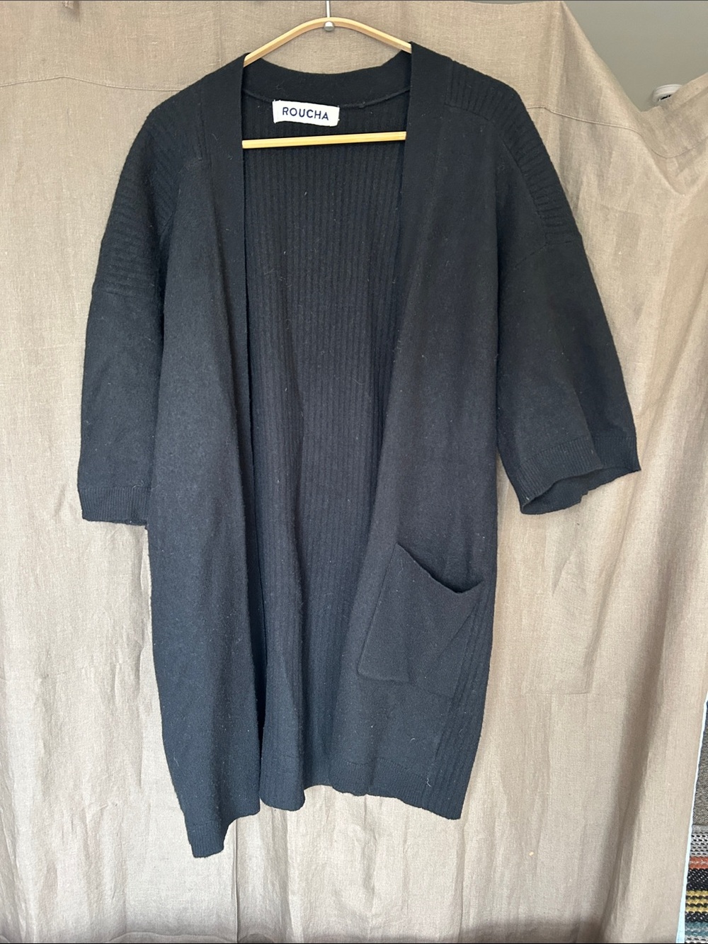 Roucha Black Open-Front Women's Knit Cardigan with Pocket